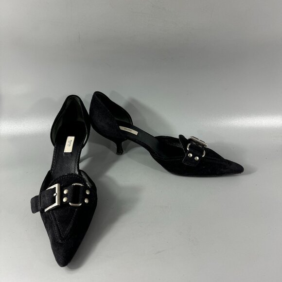 Authentic Prada Black Suede Pointed-Toe d'Orasy Kitty Heel Pumps, Size 40 - Picture 1 of 16